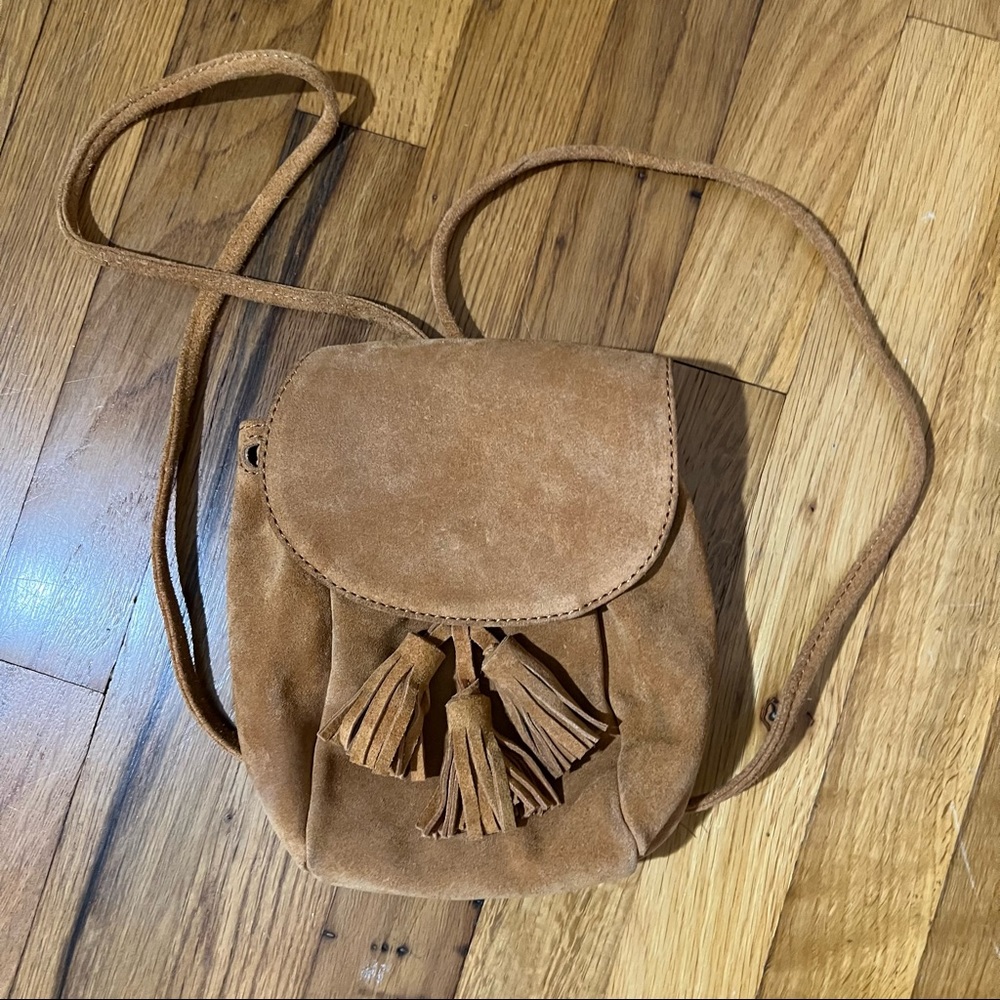 Asos Suede Mustard/Tan Mini Bucket Backpack Three Tassels And Magnet Closure